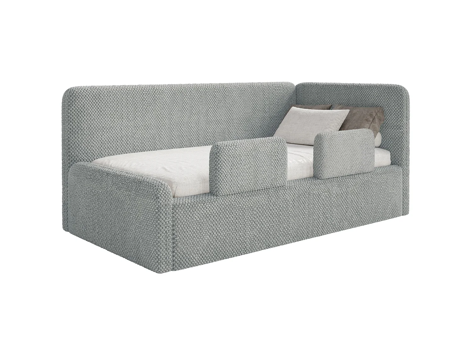 Lit enfant 90x200 – barrière de sécurité, matelas, tête de lit à droite – en peluche – gris – FANKO