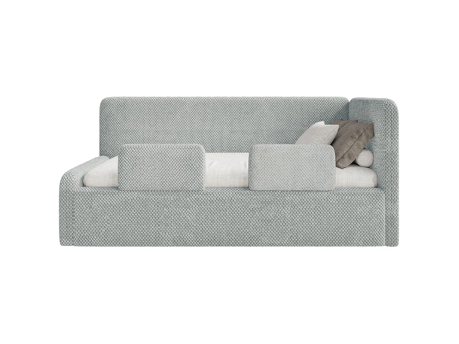 Lit enfant 90x200 – barrière de sécurité, matelas, tête de lit à droite – en peluche – gris – FANKO