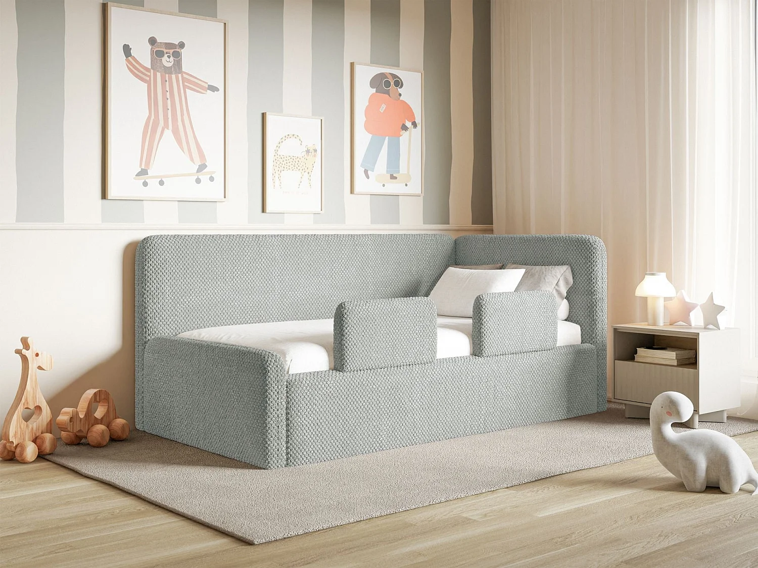Lit enfant 90x200 – barrière de sécurité, matelas, tête de lit à droite – en peluche – gris – FANKO