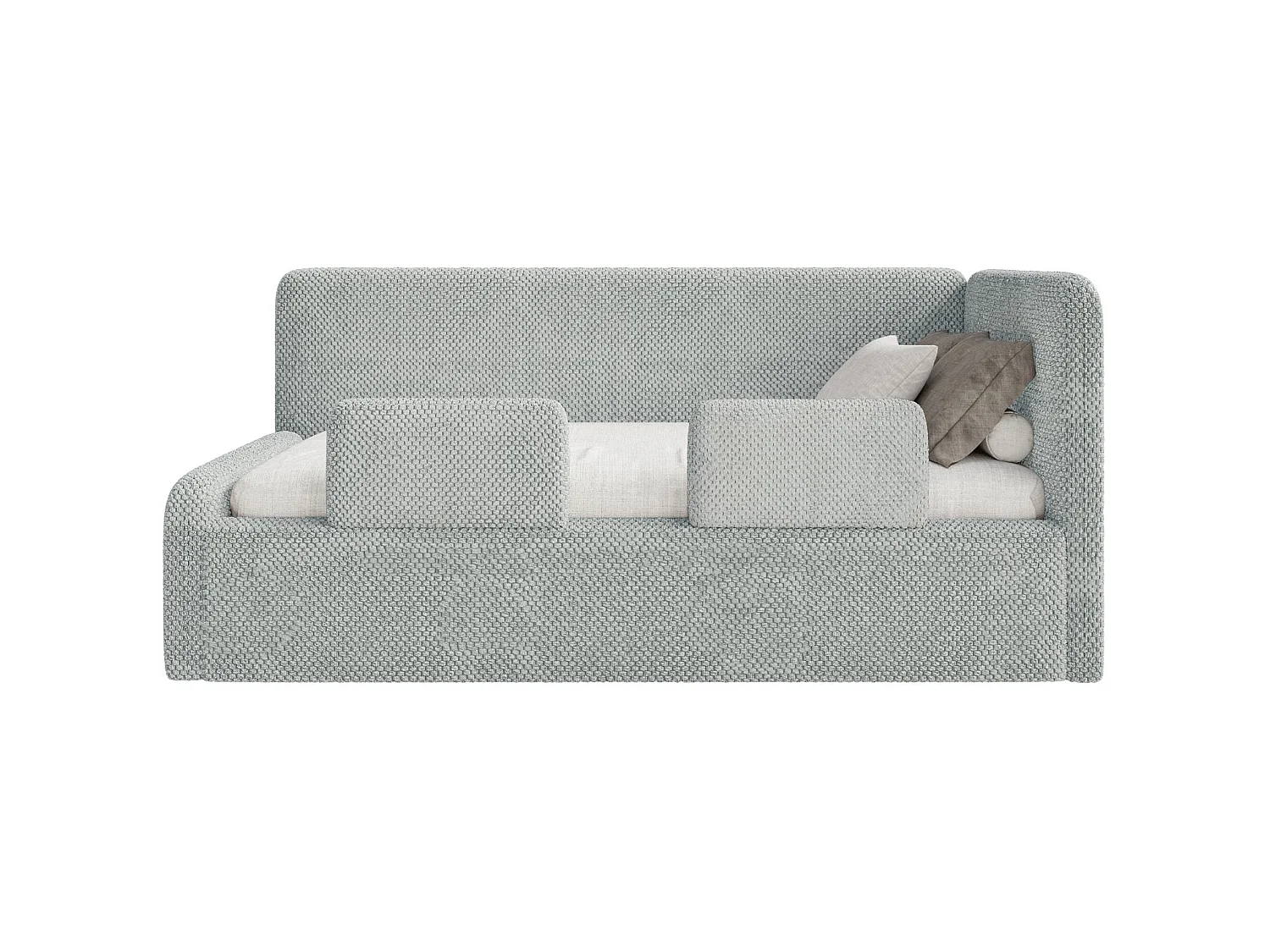 Lit enfant 90x200 – barrière de sécurité, matelas, tête de lit à droite – en peluche – gris – FANKO