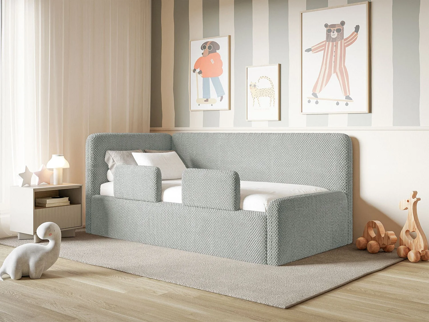 Kinderbett mit Kopfteil links – Rausfallschutz – Plüsch – Grau – 90x200 cm – FANKO