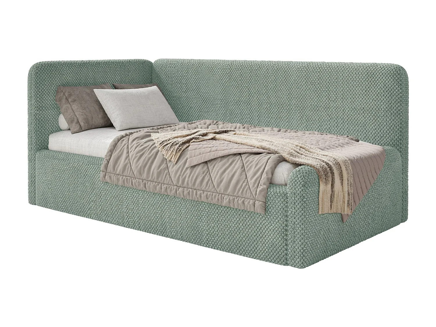 Tienerbed 90x200 met hoofdbord links – pluche – saliegroen – FANKO