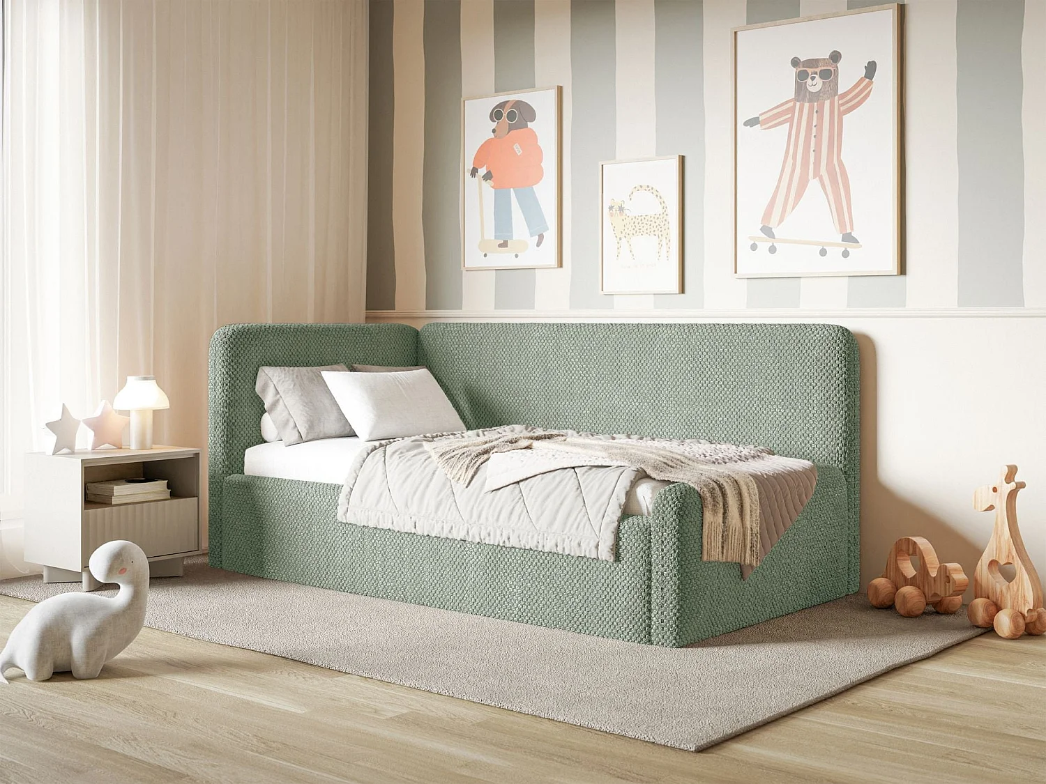 Lit junior 90x200 – tête de lit à droite – en peluche – vert sauge – FANKO