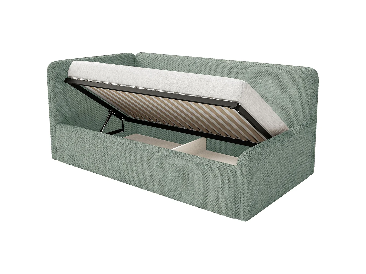 Lit junior 90x200 – tête de lit à droite – en peluche – vert sauge – FANKO