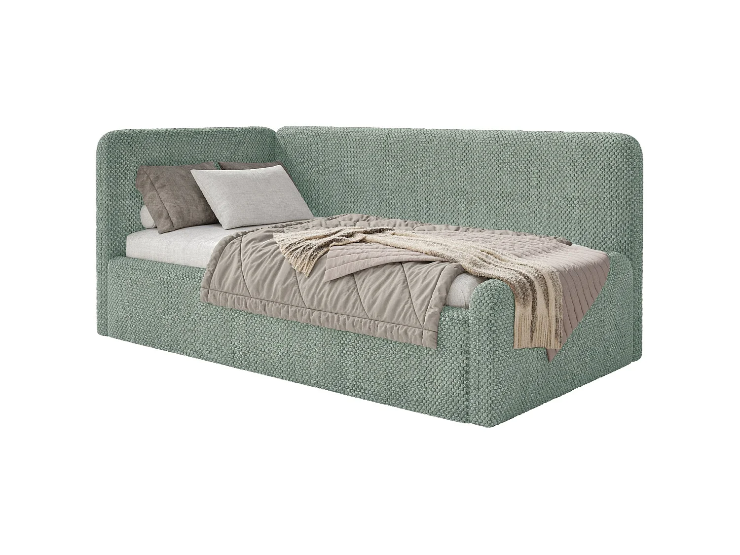 Lit junior 90x200 – tête de lit à droite – en peluche – vert sauge – FANKO