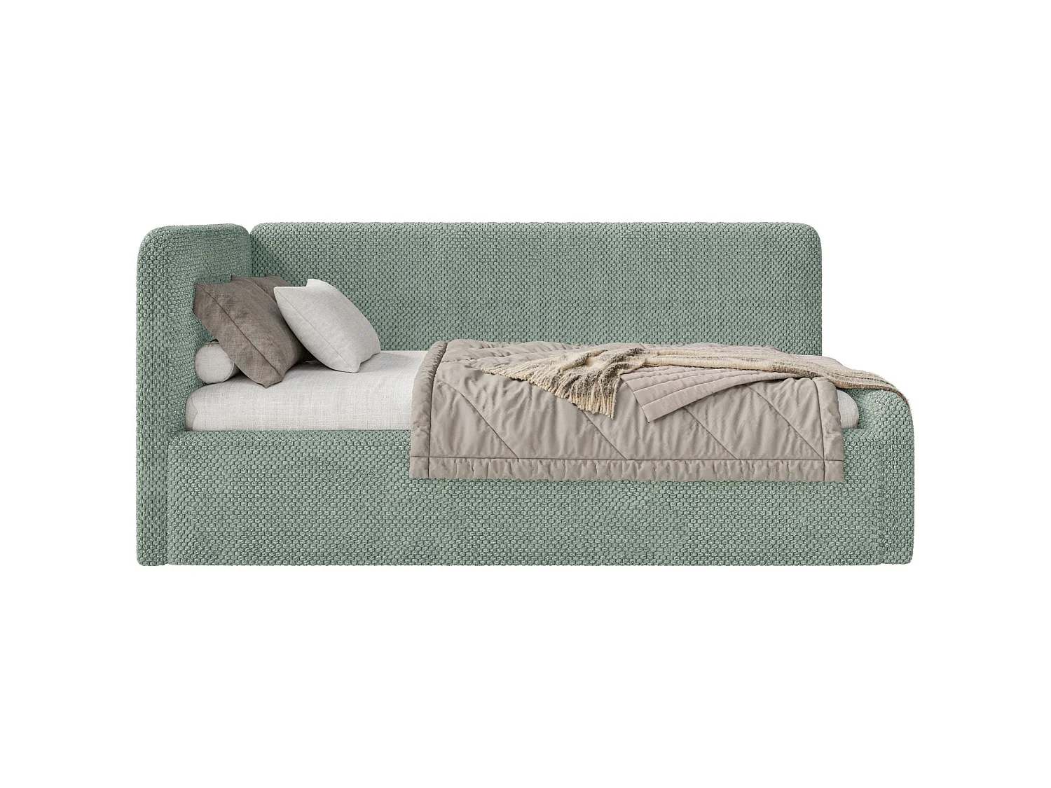 Lit junior 90x200 – tête de lit à droite – en peluche – vert sauge – FANKO
