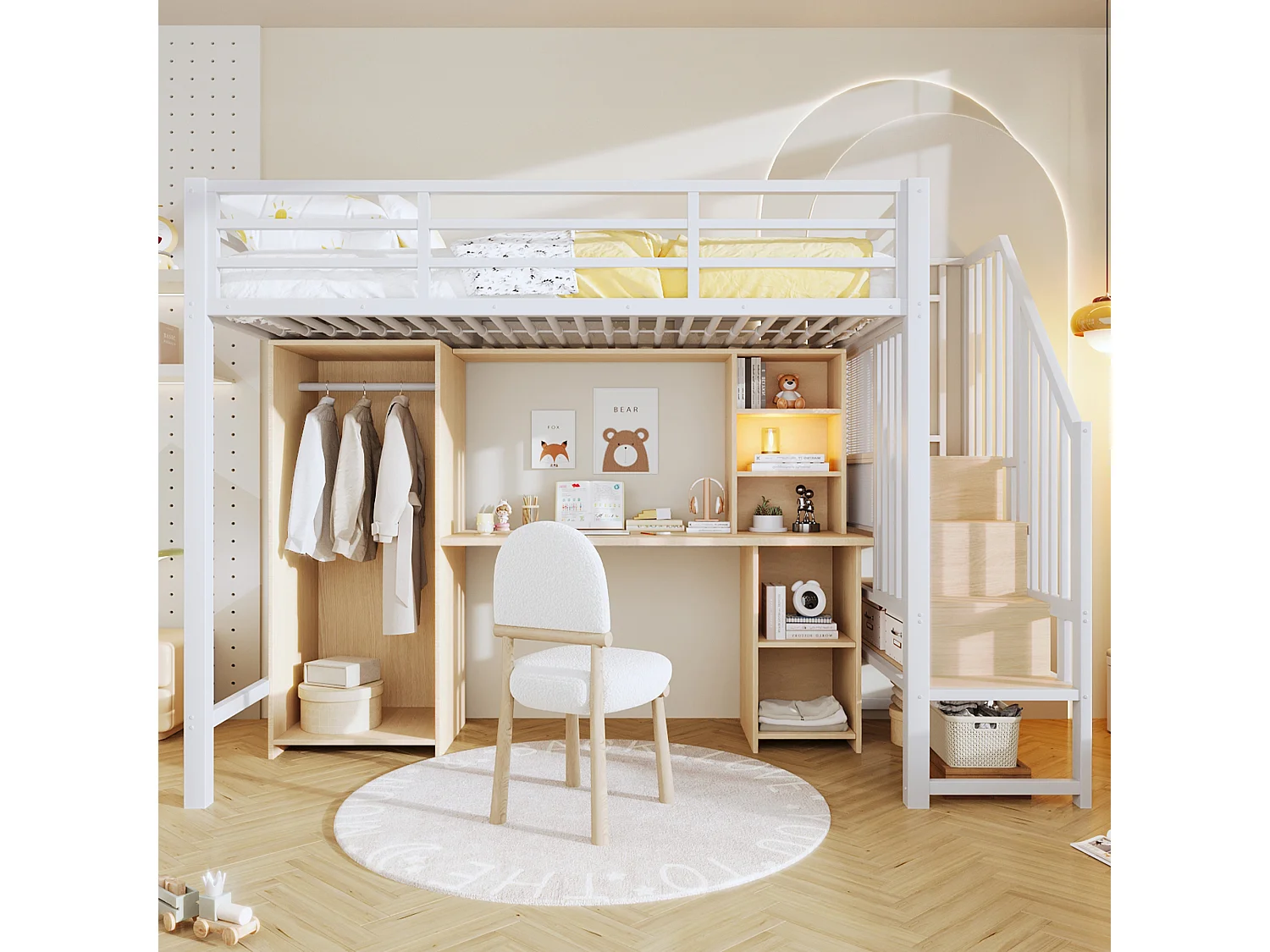 Lit mezzanine enfant - 90 x 200 cm - structure en fer - avec escalier de rangements + armoire + bureau + étagères - métal - blanc