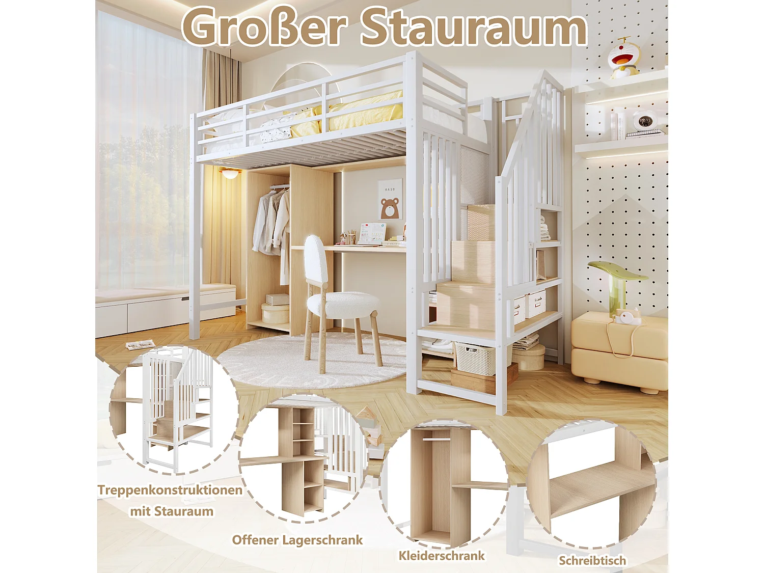 Lit mezzanine enfant - 90 x 200 cm - structure en fer - avec escalier de rangements + armoire + bureau + étagères - métal - blanc