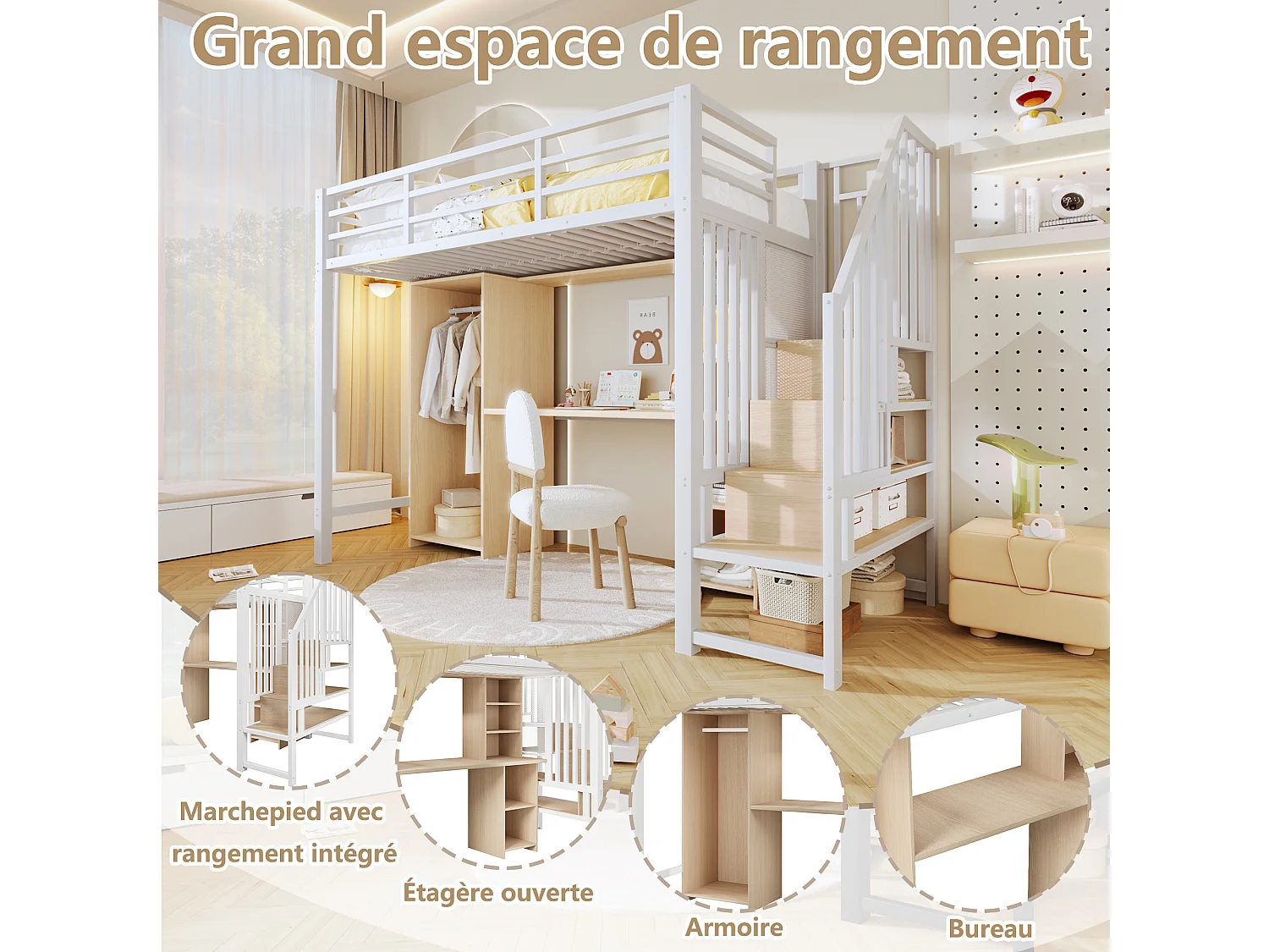 Lit mezzanine enfant - 90 x 200 cm - structure en fer - avec escalier de rangements + armoire + bureau + étagères - métal - blanc