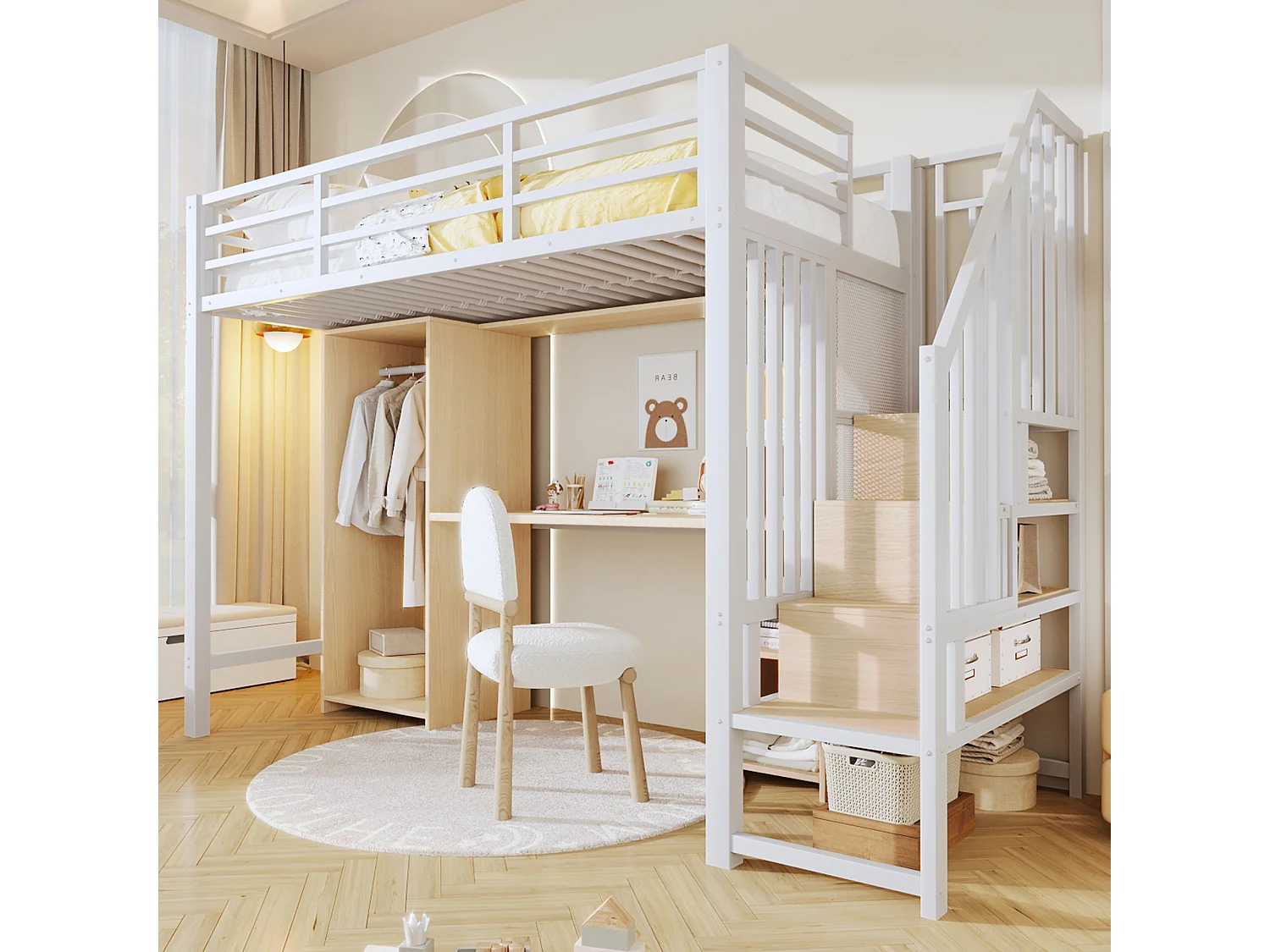 Lit mezzanine enfant - 90 x 200 cm - structure en fer - avec escalier de rangements + armoire + bureau + étagères - métal - blanc