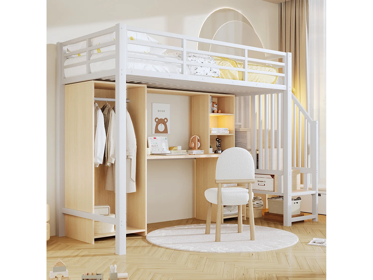Lit mezzanine enfant - 90 x 200 cm - structure en fer - avec escalier de rangements + armoire + bureau + étagères - métal - blanc
