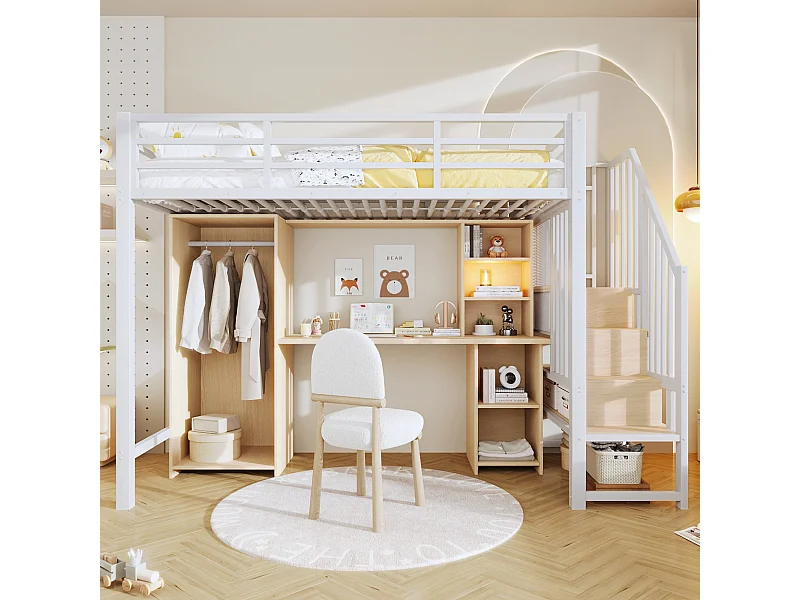 Lit mezzanine enfant - 90 x 200 cm - structure en fer - avec escalier de rangements + armoire + bureau + étagères - métal - blanc