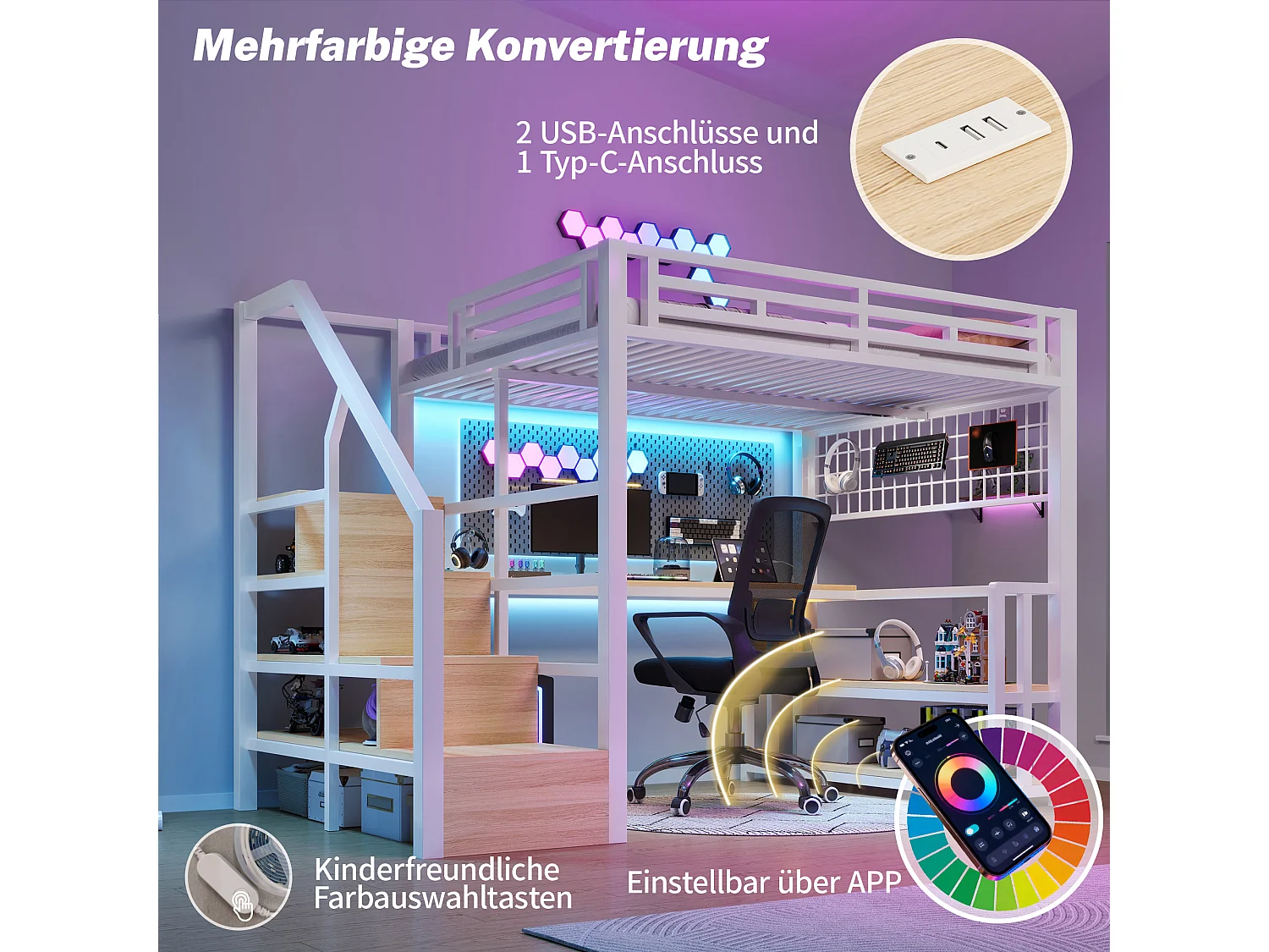 Lit mezzanine enfant - 140 x 200 cm - structure en fer - avec étagère + Leds + bureau + escalier de rangements + USB - métal - blanc