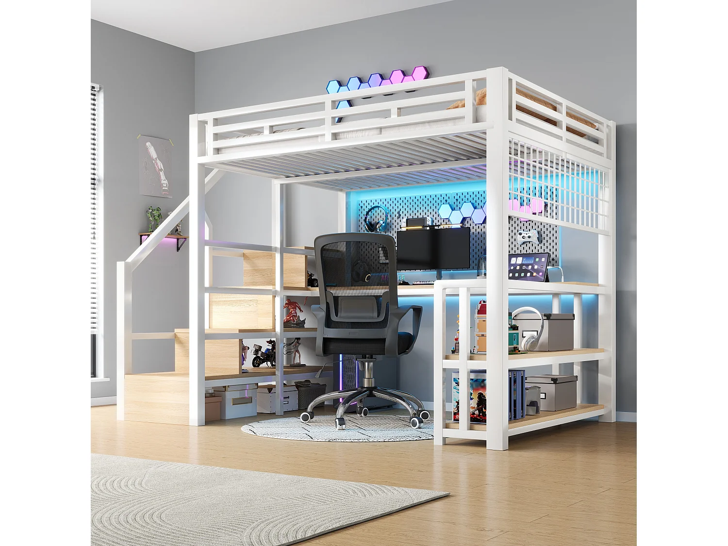 Lit mezzanine enfant - 140 x 200 cm - structure en fer - avec étagère + Leds + bureau + escalier de rangements + USB - métal - blanc