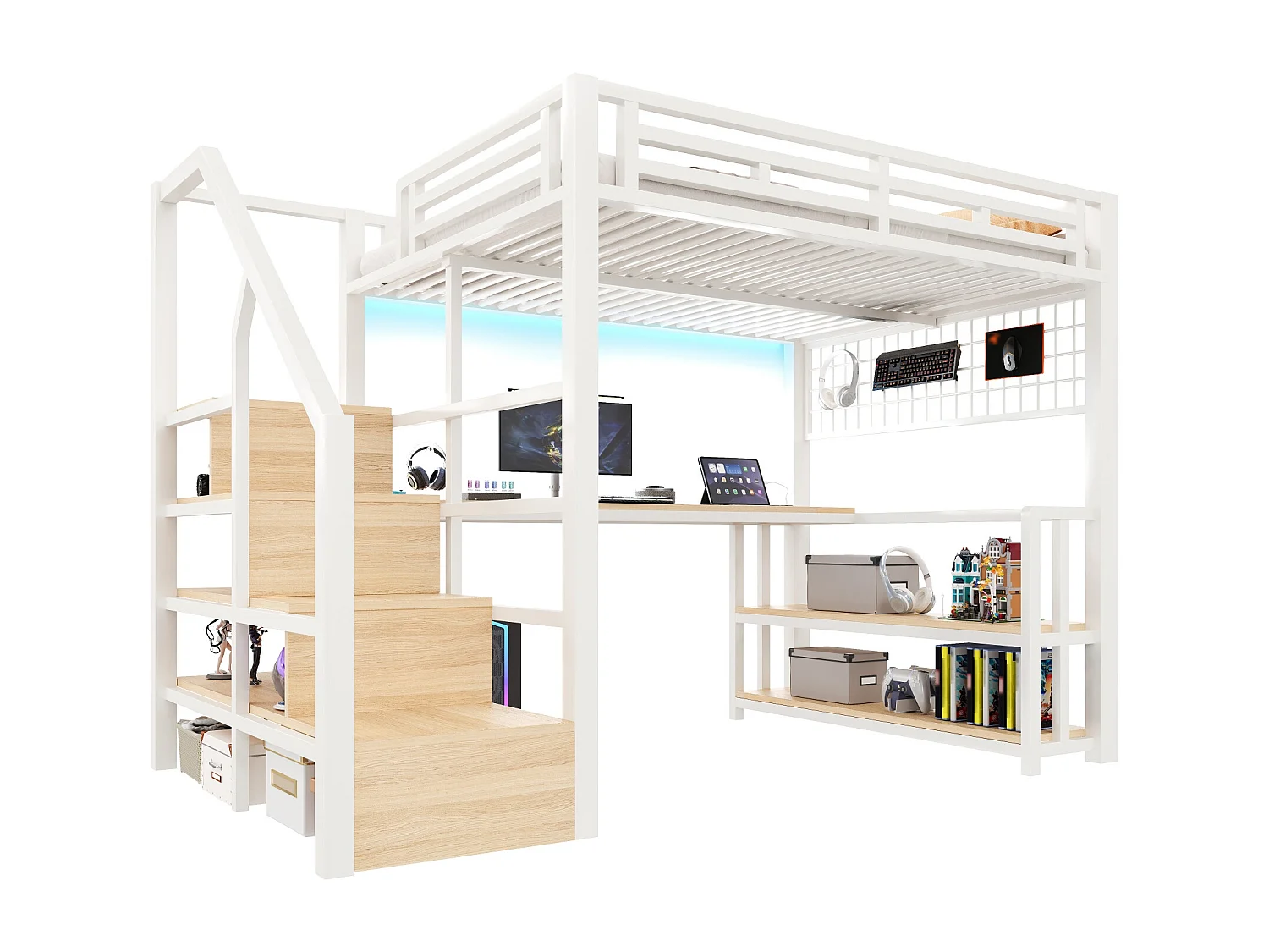 Lit mezzanine enfant - 140 x 200 cm - structure en fer - avec étagère + Leds + bureau + escalier de rangements + USB - métal - blanc