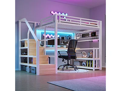 Hochbett für Kinder – 140 x 200 cm – Eisenrahmen – mit Ablage, LED-Beleuchtung, Schreibtisch, Leiter mit Stauraum und USB-Anschluss – Metall – weiß