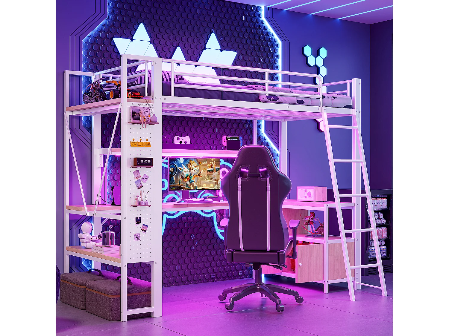 Lit mezzanine enfant - 90 x 200 cm - structure en fer - avec Leds + bureau + étagère de rangement + USB - métal - blanc