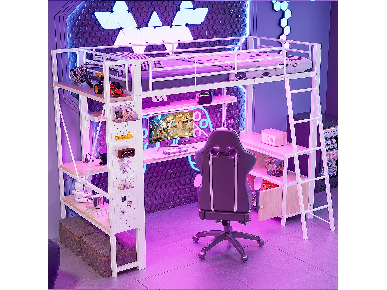 Lit mezzanine enfant - 90 x 200 cm - structure en fer - avec Leds + bureau + étagère de rangement + USB - métal - blanc