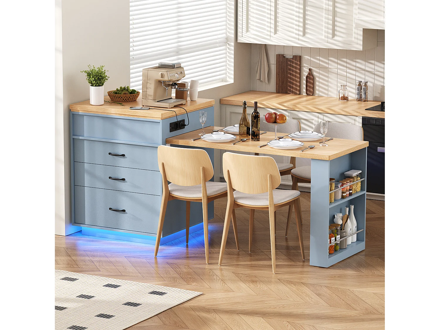Îlot central extensible sur roulettes - 125.5 x 71 x 93 cm - avec porte + tiroirs + Leds - MDF - bleu