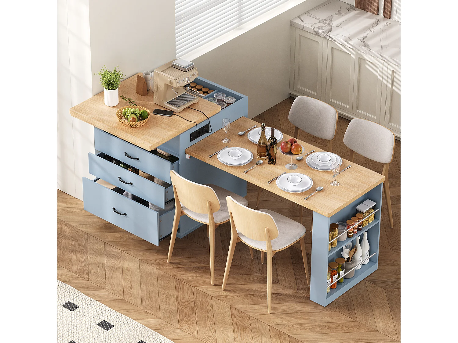 Îlot central extensible sur roulettes - 125.5 x 71 x 93 cm - avec porte + tiroirs + Leds - MDF - bleu