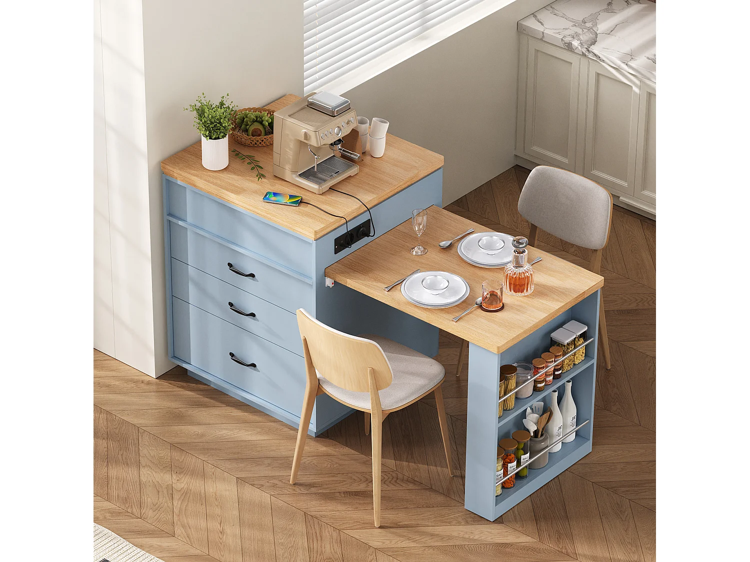 Îlot central extensible sur roulettes - 125.5 x 71 x 93 cm - avec porte + tiroirs + Leds - MDF - bleu