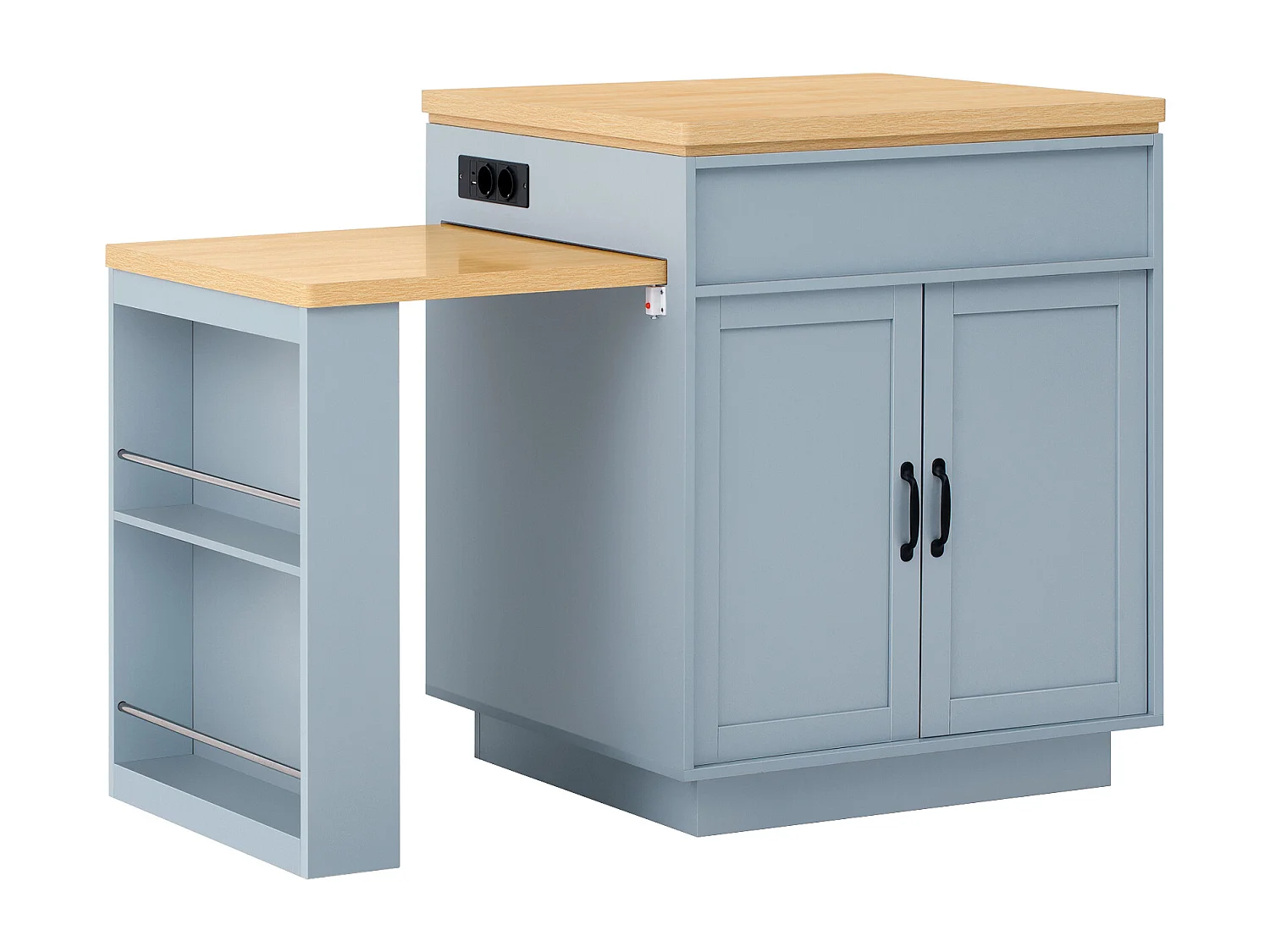 Îlot central extensible sur roulettes - 125.5 x 71 x 93 cm - avec porte + tiroirs + Leds - MDF - bleu