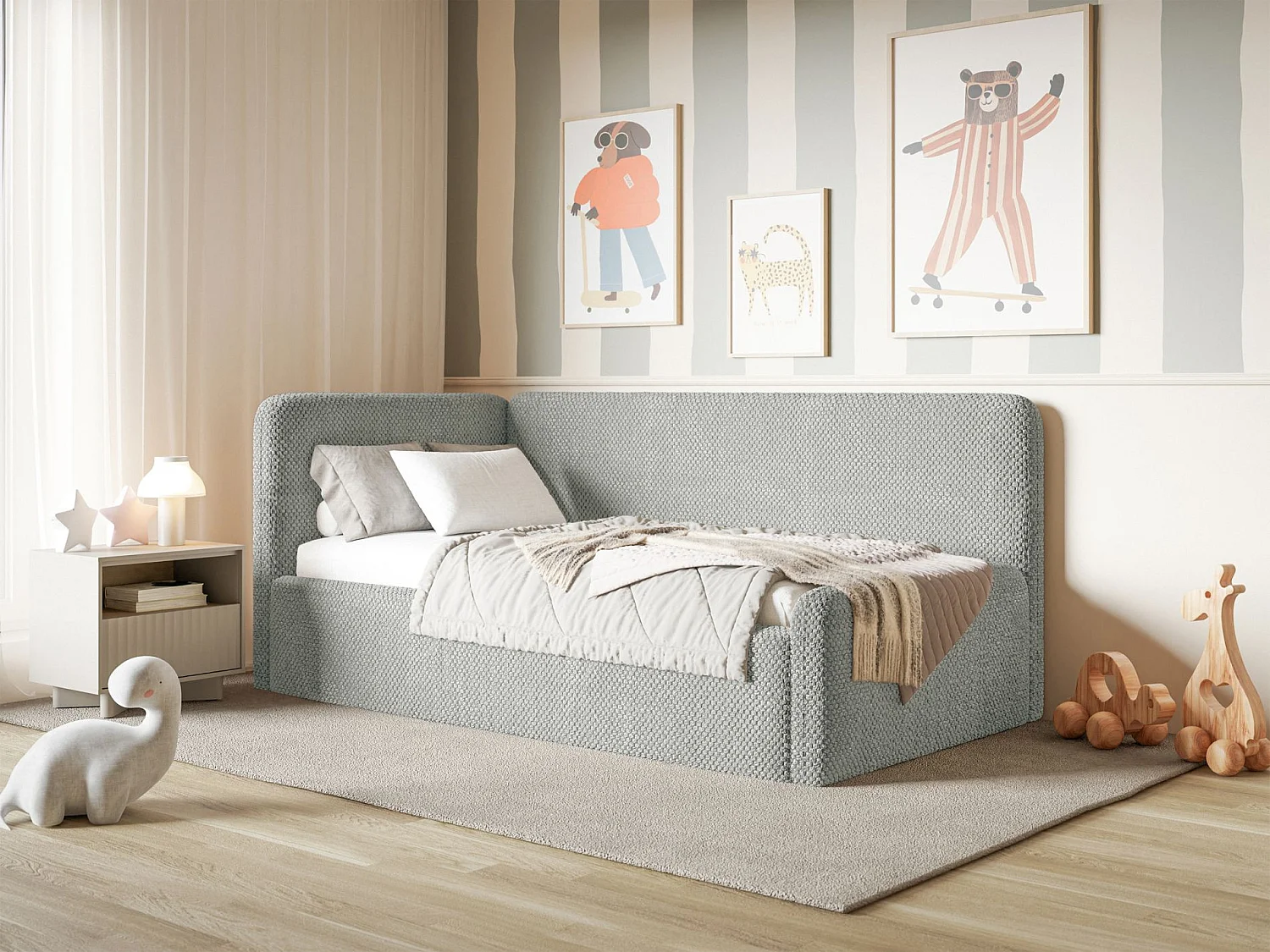 Lit junior 90x200 – matelas, tête de lit à gauche – en peluche – gris – FANKO