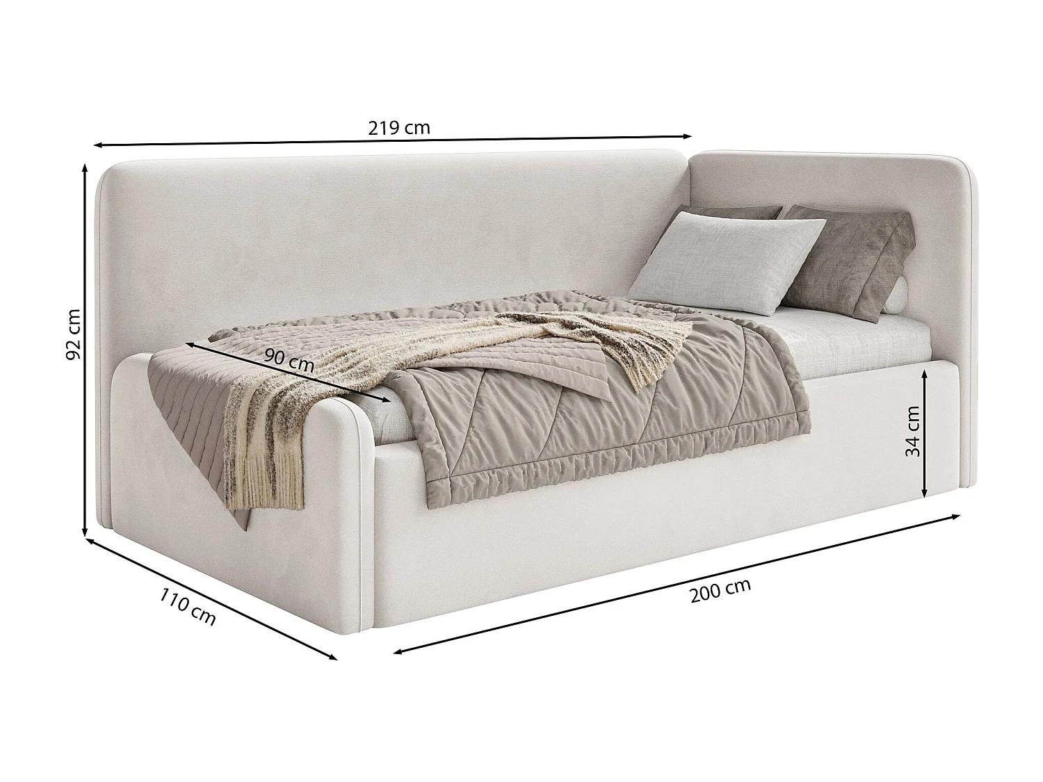 Tienerbed 90x200 met matras en hoofdbord links – pluche – grijs – FANKO