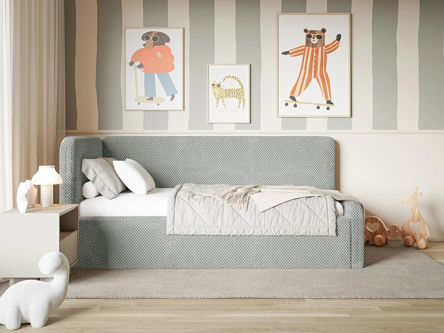 Tienerbed 90x200 met matras en hoofdbord links – pluche – grijs – FANKO