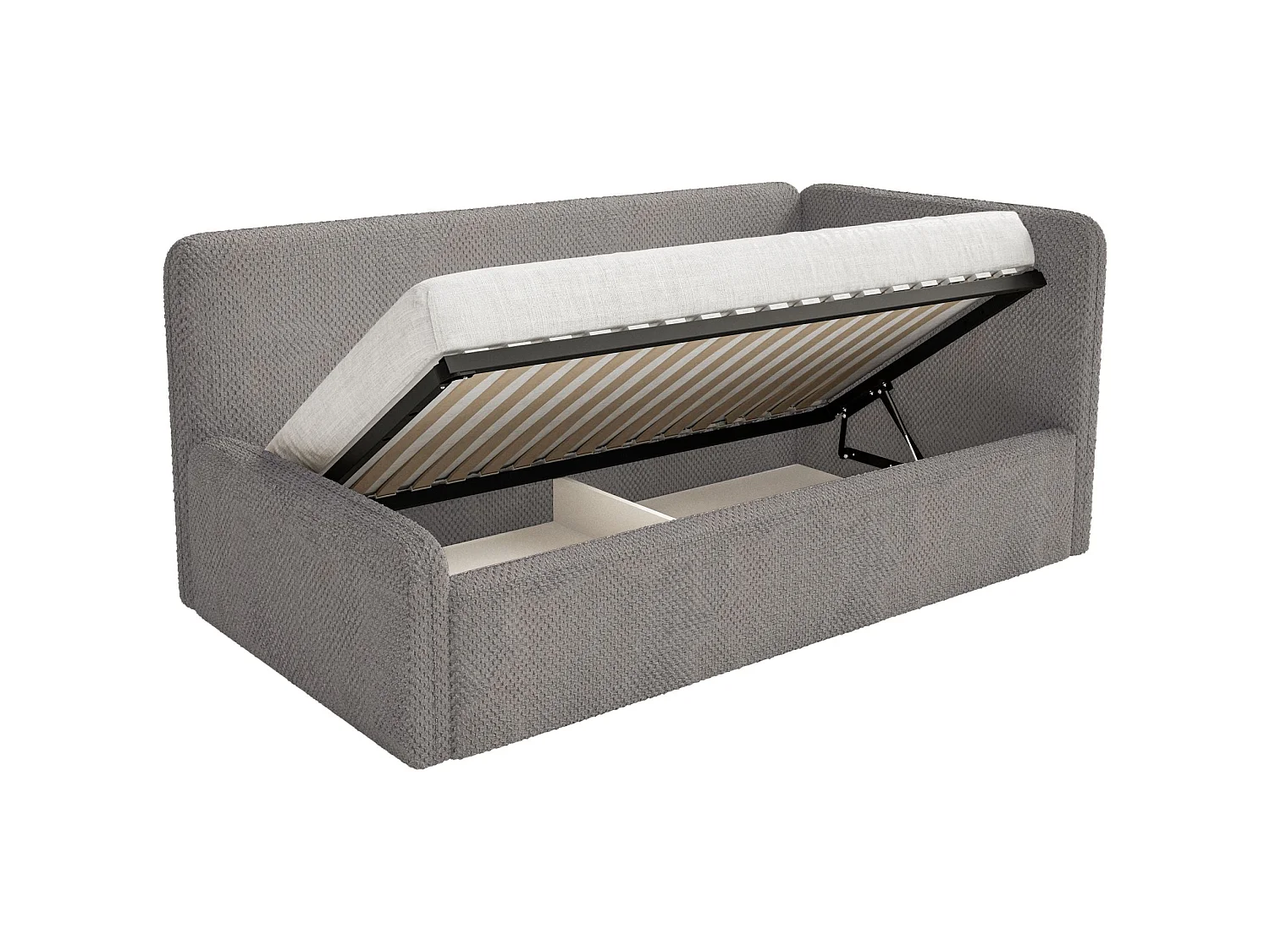 Lit enfant 90x200 – barrière de sécurité, tête de lit à droite – en peluche – taupe – FANKO
