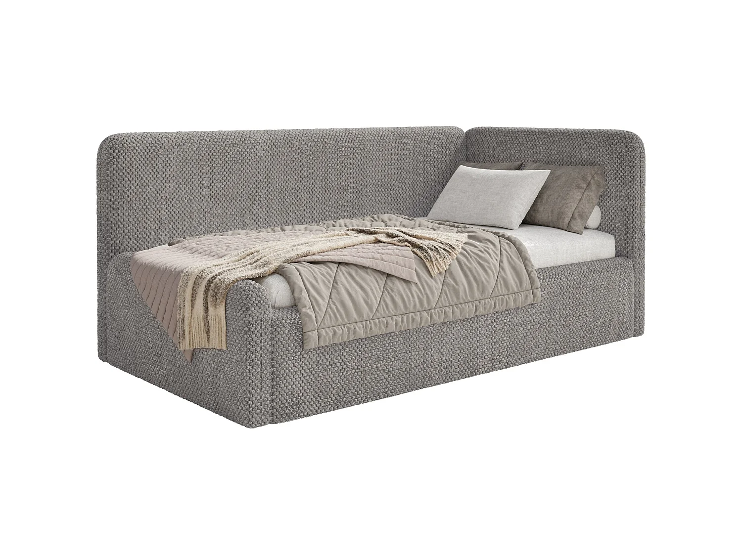 Lit enfant 90x200 – barrière de sécurité, tête de lit à droite – en peluche – taupe – FANKO