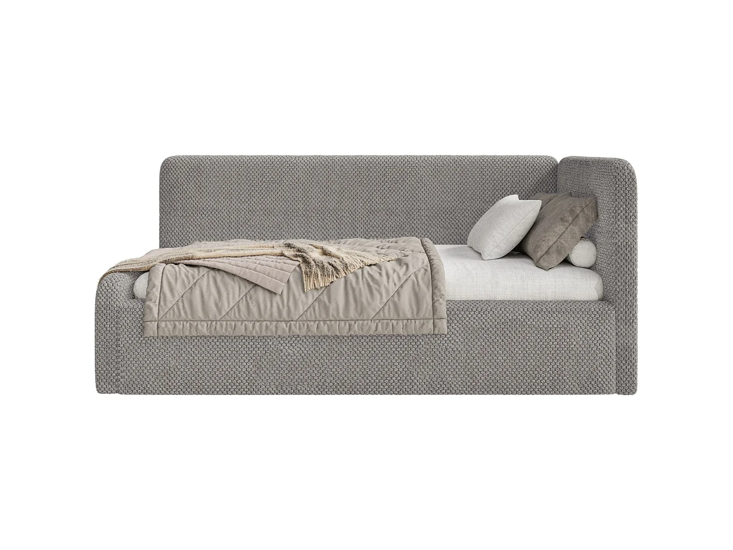 Lit enfant 90x200 – barrière de sécurité, tête de lit à droite – en peluche – taupe – FANKO