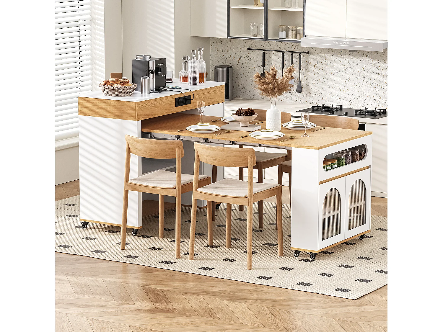 Uitschuifbaar keukeneiland op wielen met glazen blad - 110,5 x 50,5 x 95,5 cm - met deur en lade - MDF + glas - wit + naturel