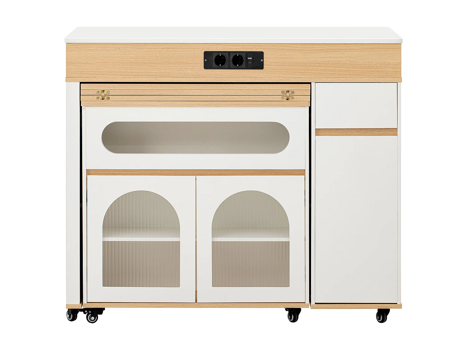 Uitschuifbaar keukeneiland op wielen met glazen blad - 110,5 x 50,5 x 95,5 cm - met deur en lade - MDF + glas - wit + naturel