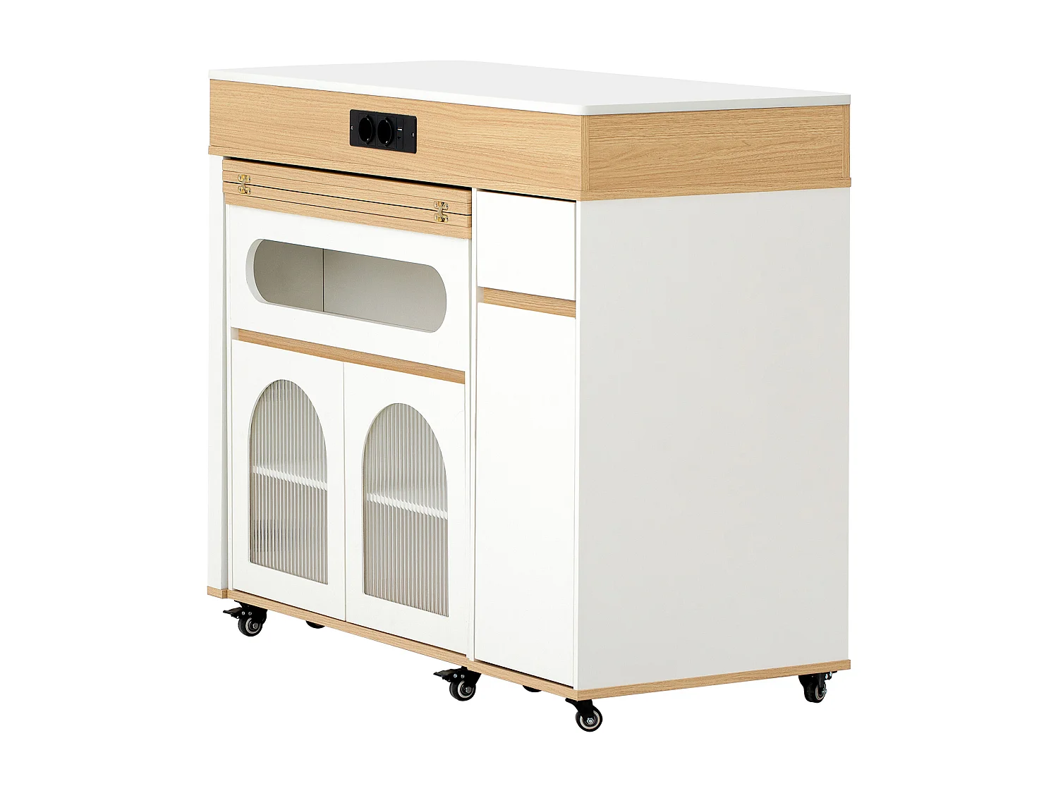 Uitschuifbaar keukeneiland op wielen met glazen blad - 110,5 x 50,5 x 95,5 cm - met deur en lade - MDF + glas - wit + naturel