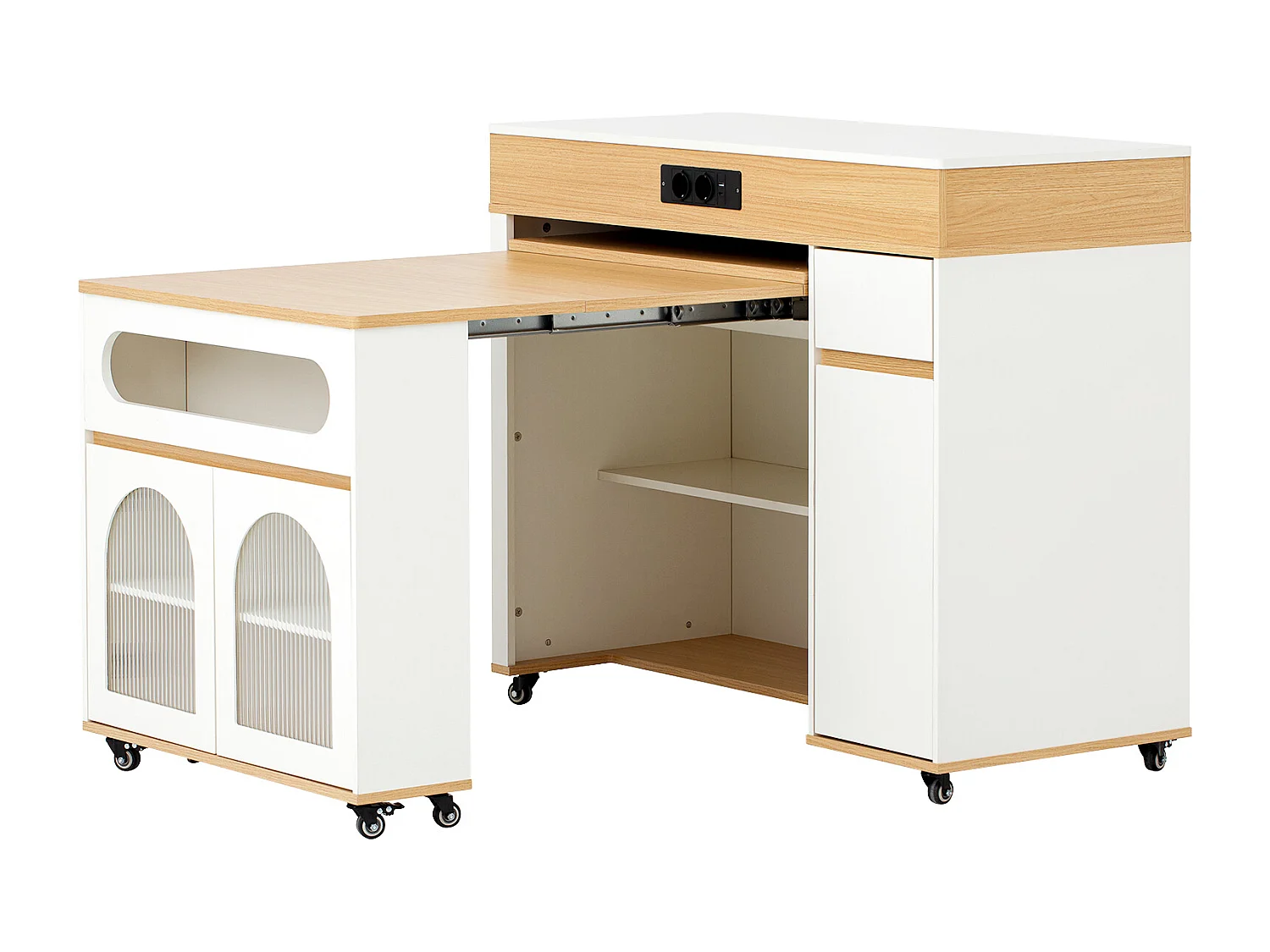 Uitschuifbaar keukeneiland op wielen met glazen blad - 110,5 x 50,5 x 95,5 cm - met deur en lade - MDF + glas - wit + naturel