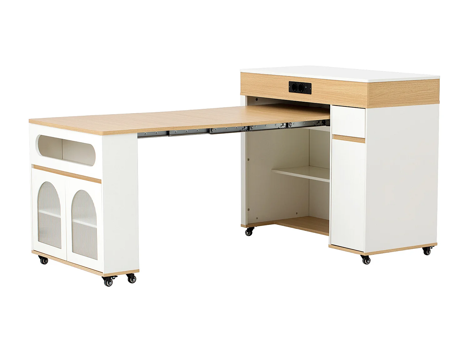 Uitschuifbaar keukeneiland op wielen met glazen blad - 110,5 x 50,5 x 95,5 cm - met deur en lade - MDF + glas - wit + naturel