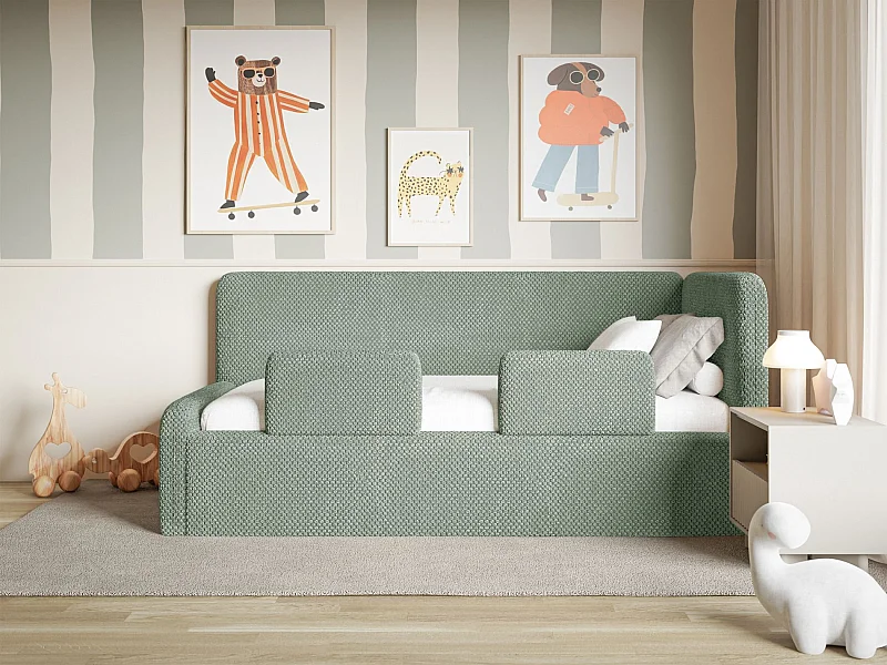 Tienerbed 90x200 met hoofdbord rechts – velours – saliegroen – FANKO