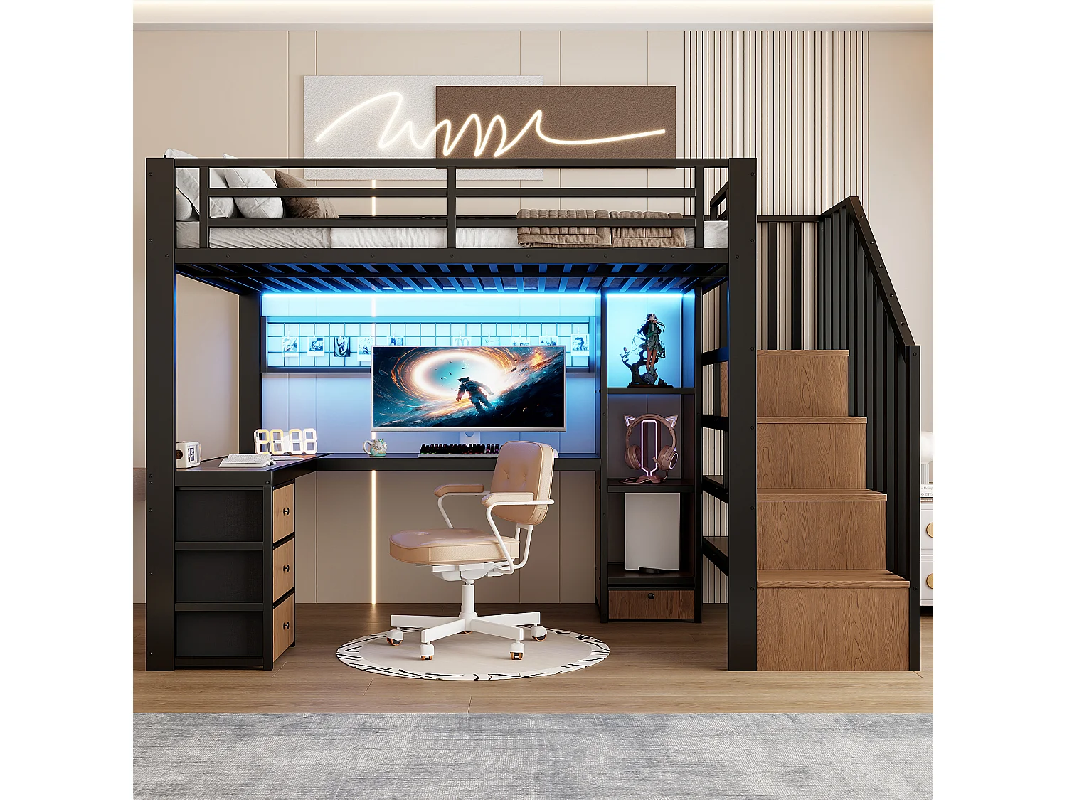 Lit mezzanine enfant - 90 x 200 cm - structure en fer - avec 4 tiroirs + étagère + escalier de rangement + Leds + bureau - métal - noir