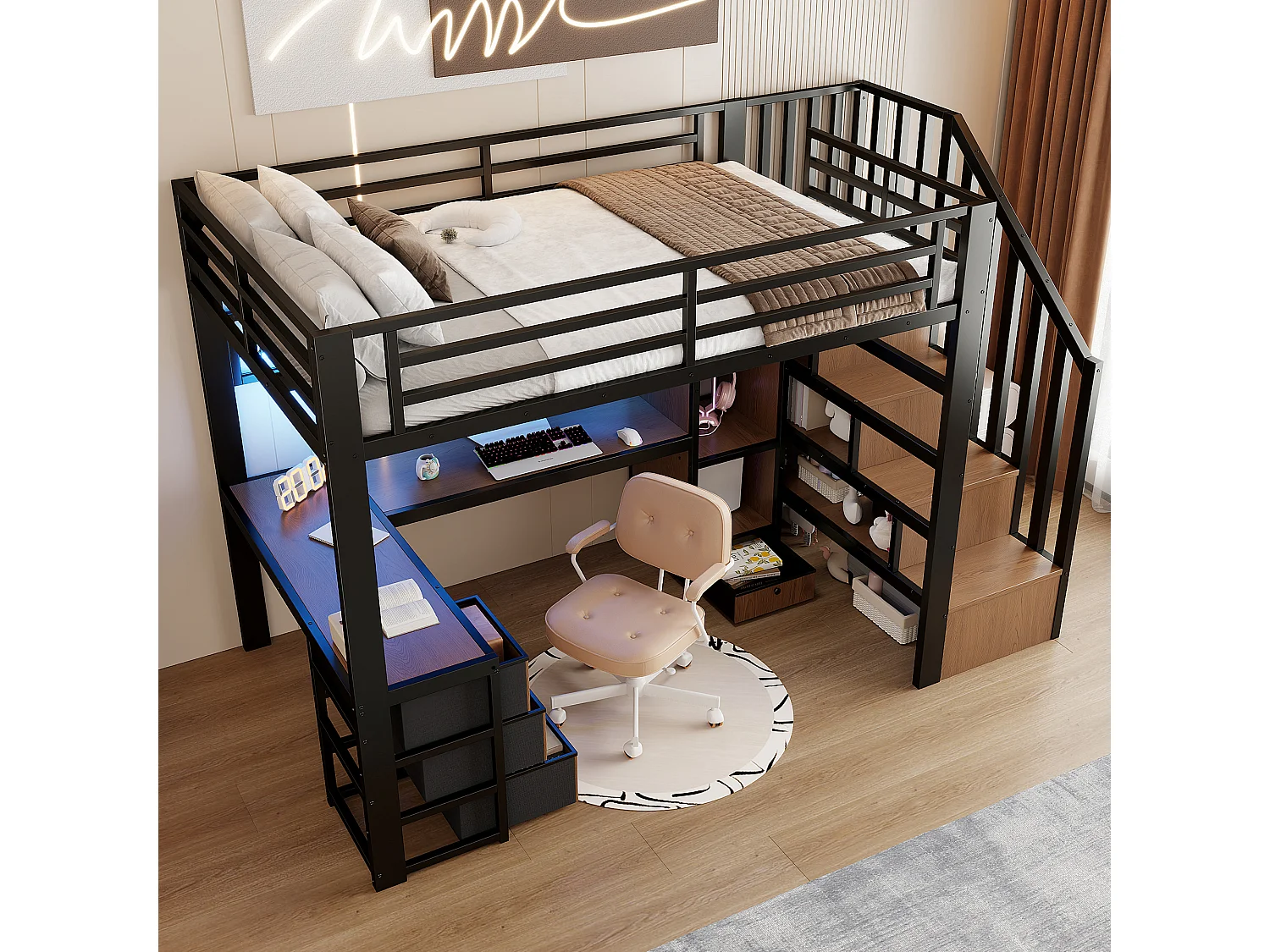 Lit mezzanine enfant - 90 x 200 cm - structure en fer - avec 4 tiroirs + étagère + escalier de rangement + Leds + bureau - métal - noir