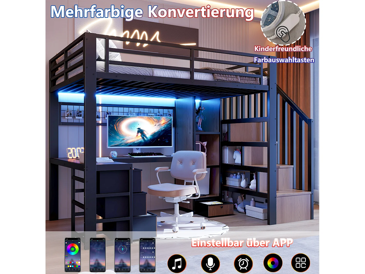 Lit mezzanine enfant - 90 x 200 cm - structure en fer - avec 4 tiroirs + étagère + escalier de rangement + Leds + bureau - métal - noir