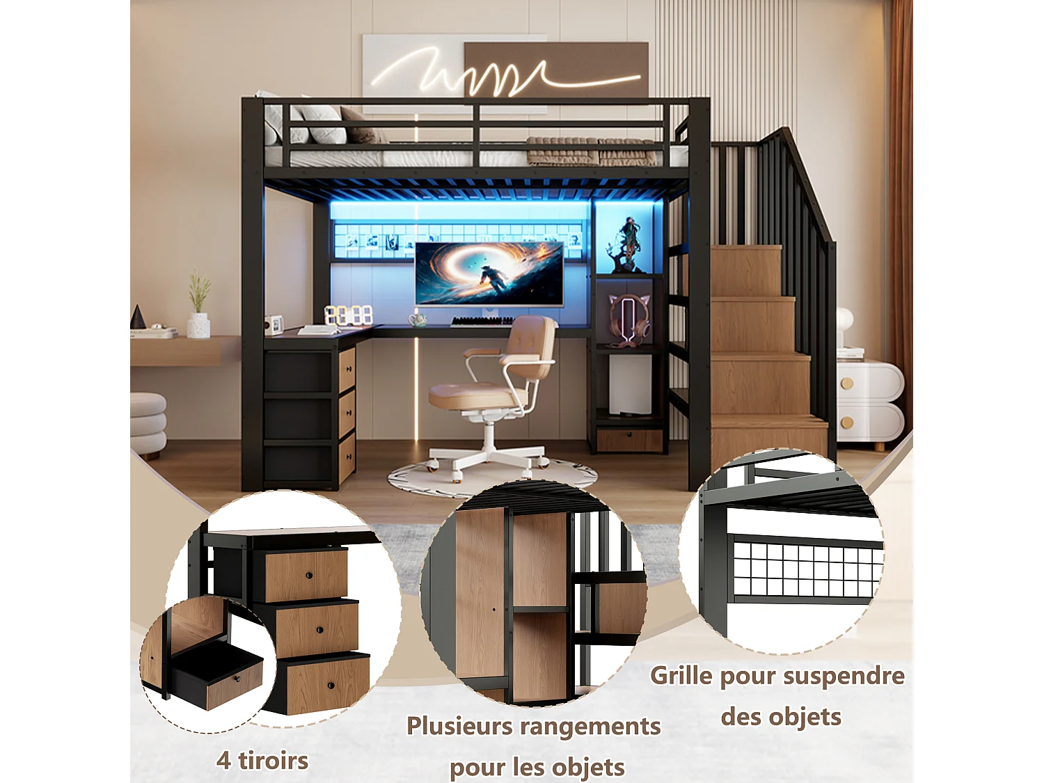 Lit mezzanine enfant - 90 x 200 cm - structure en fer - avec 4 tiroirs + étagère + escalier de rangement + Leds + bureau - métal - noir