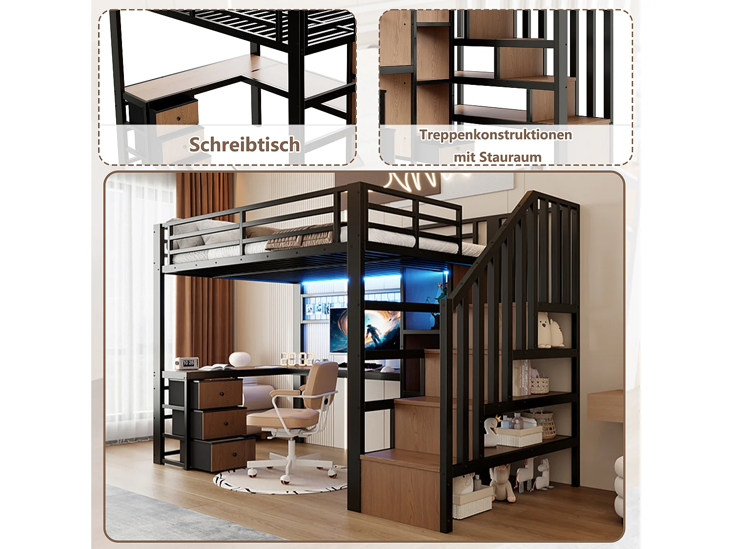 Lit mezzanine enfant - 90 x 200 cm - structure en fer - avec 4 tiroirs + étagère + escalier de rangement + Leds + bureau - métal - noir