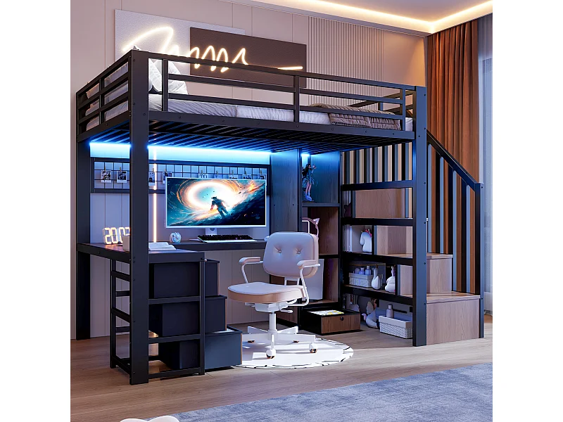 Lit mezzanine enfant - 90 x 200 cm - structure en fer - avec 4 tiroirs + étagère + escalier de rangement + Leds + bureau - métal - noir