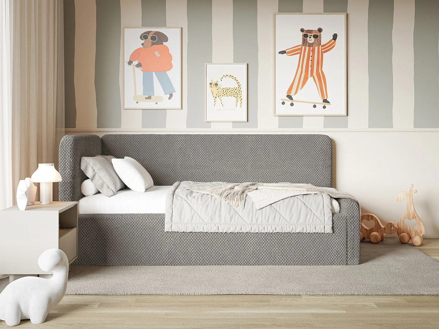 Lit junior 90x200 – matelas, tête de lit à gauche – en peluche – taupe – FANKO
