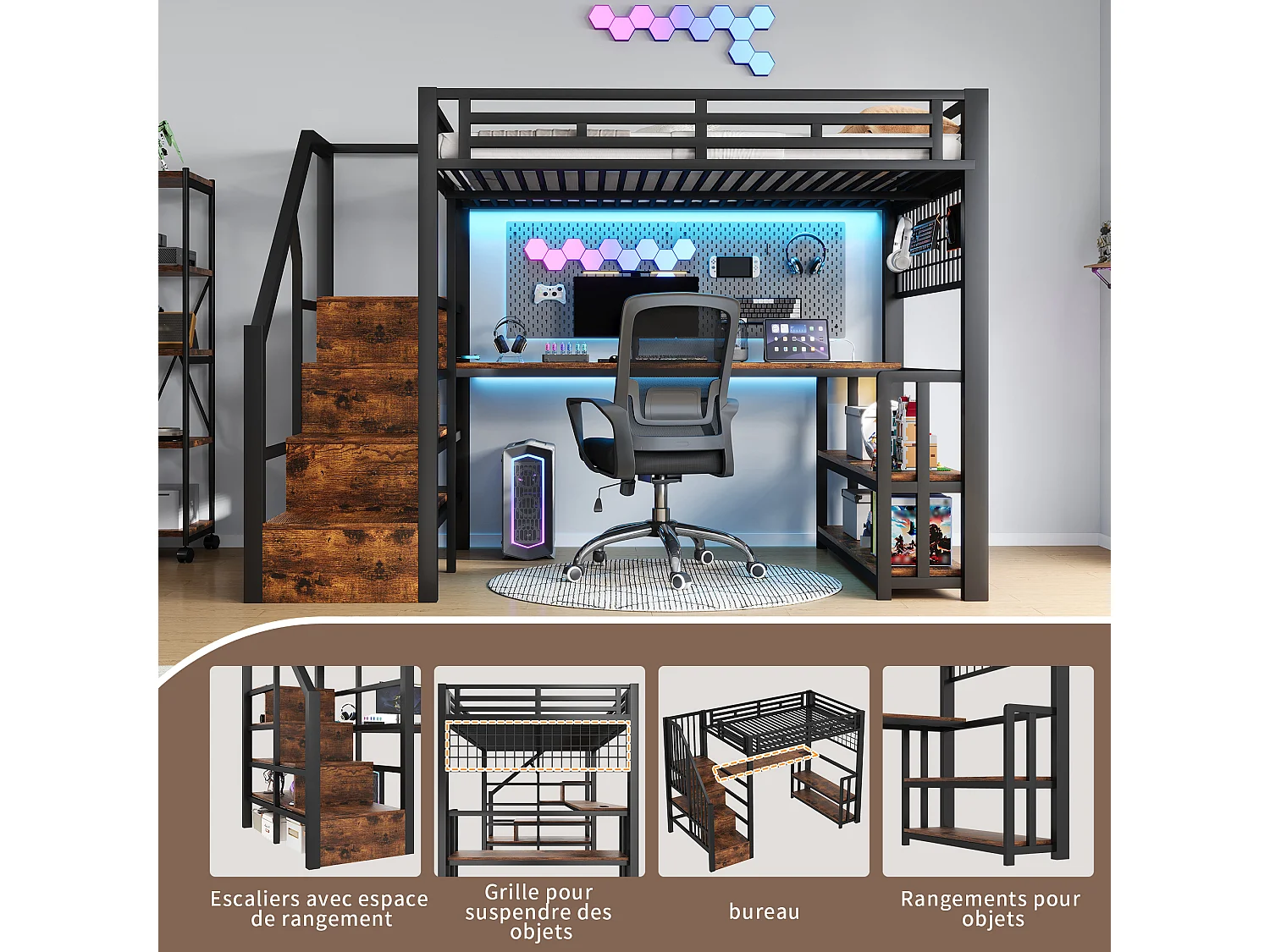 Lit mezzanine enfant - 140 x 200 cm - structure en fer - avec étagère + Leds + bureau + escalier de rangements + USB - métal - noir