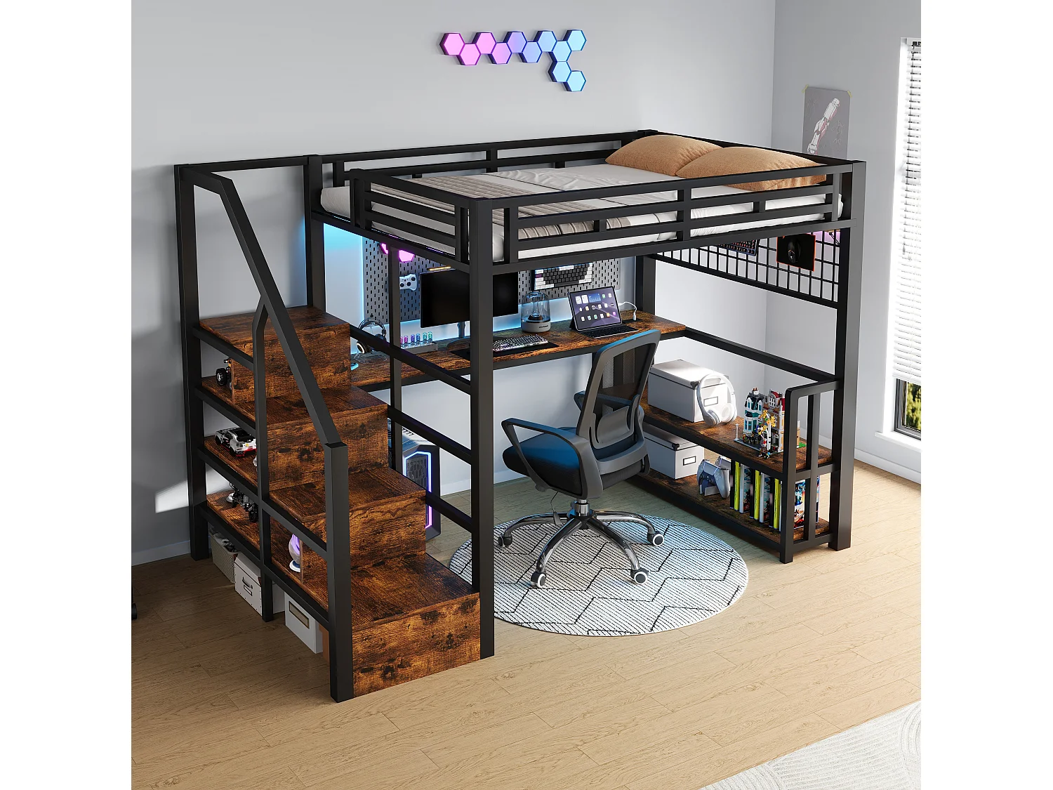 Lit mezzanine enfant - 140 x 200 cm - structure en fer - avec étagère + Leds + bureau + escalier de rangements + USB - métal - noir