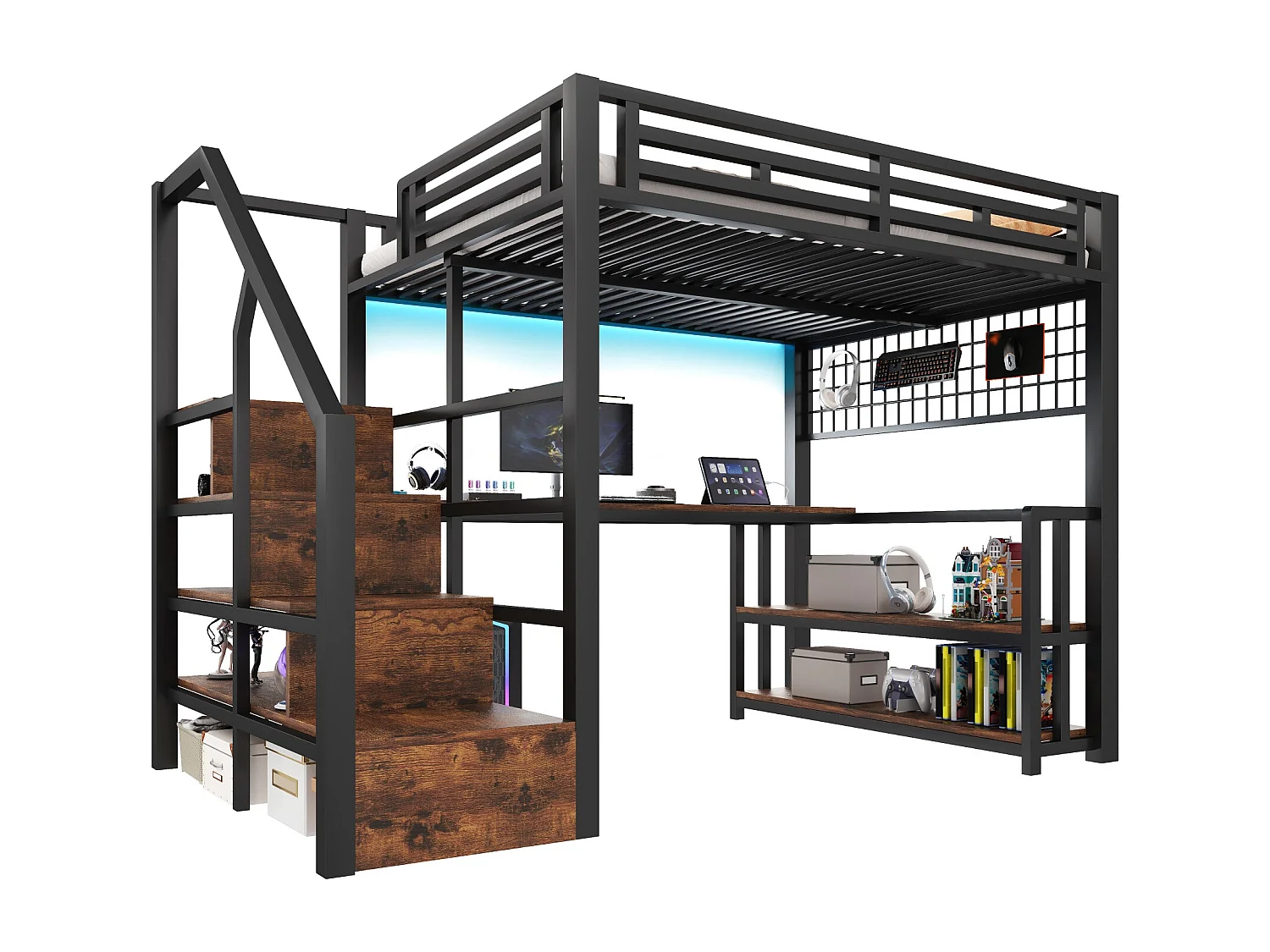 Lit mezzanine enfant - 140 x 200 cm - structure en fer - avec étagère + Leds + bureau + escalier de rangements + USB - métal - noir