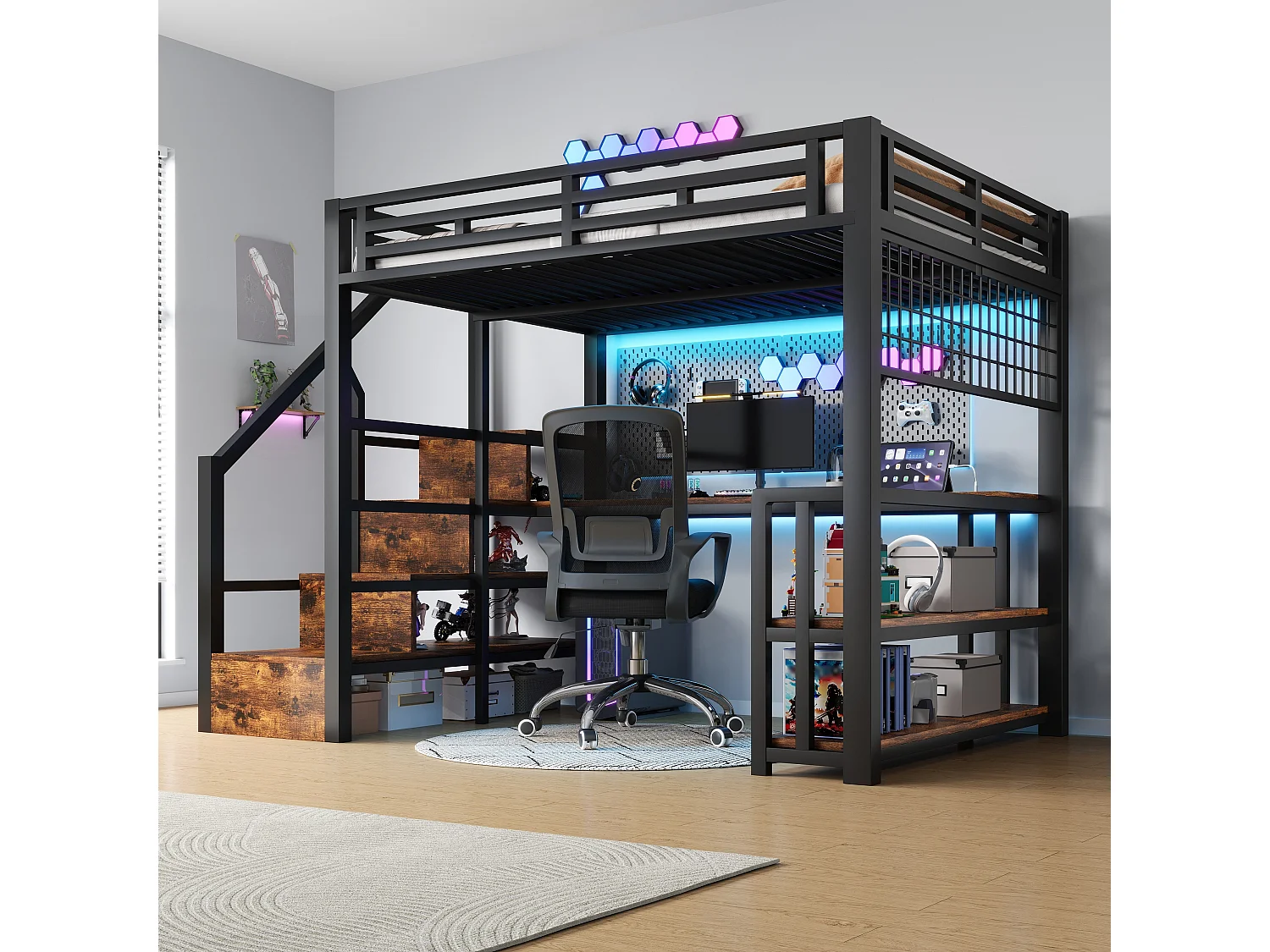 Børnehøjseng - 140 x 200 cm - jernstel - med hylde + LED'er + skrivebord + opbevaringstrappe + USB - metal - sort