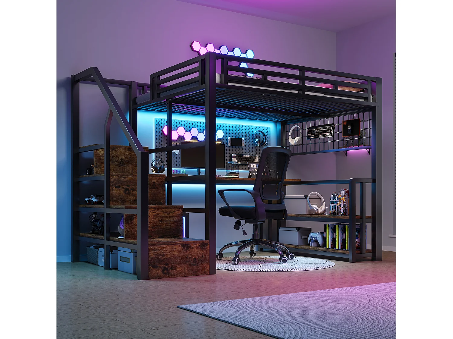 Børnehøjseng - 140 x 200 cm - jernstel - med hylde + LED'er + skrivebord + opbevaringstrappe + USB - metal - sort